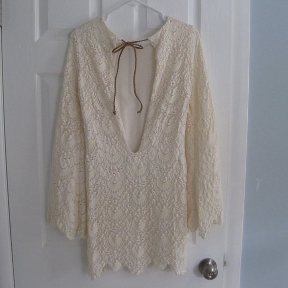 Nightcap Ivory Cream Lace Mini Dress Deep V Back Ecru Long Sleeves XS NWT - Picture 6 of 11